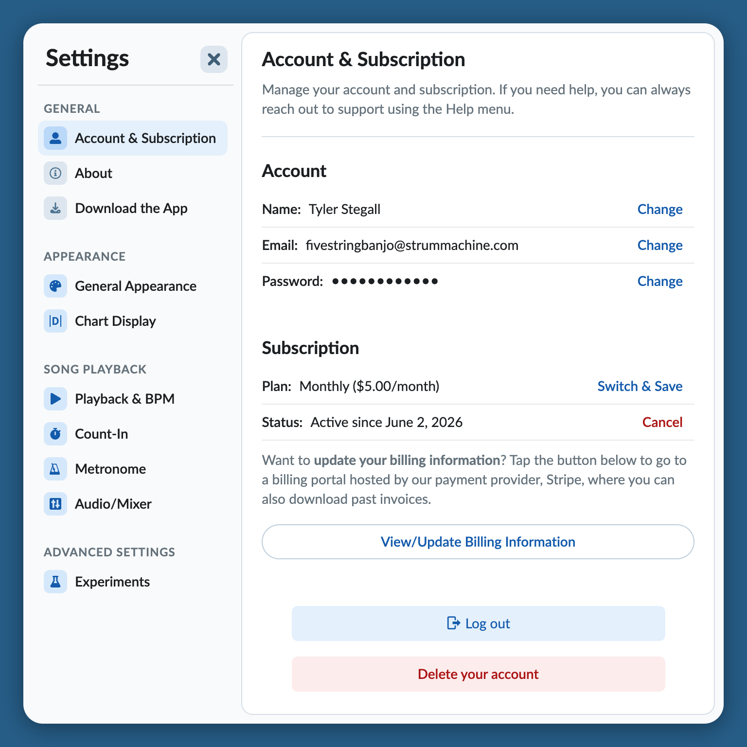 App Settings modal with Account & Subscription selected, tablet