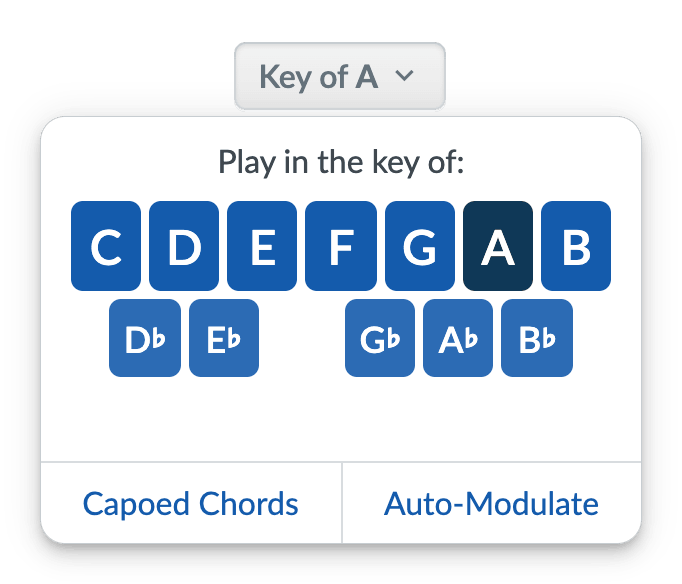 Key menu open with buttons for Capoed Chords and Auto-Modulate