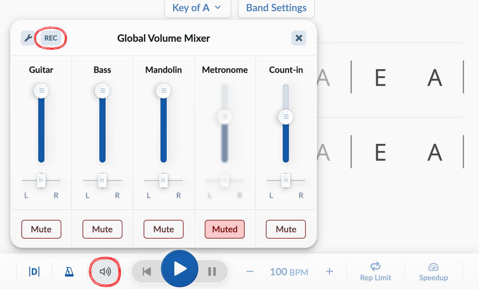 Global Volume Mixer open with the volume icon and REC button circled