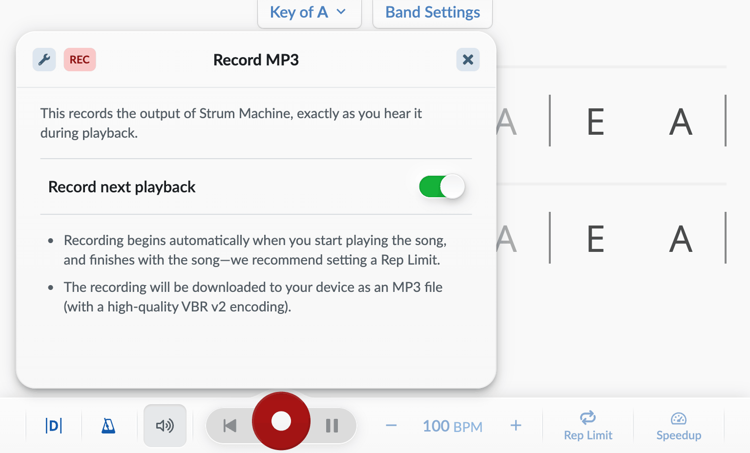 Record MP3 panel with recording armed and the play button showing as a red record button