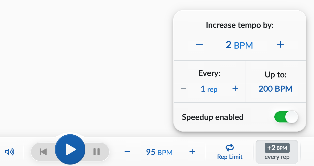 Picture of the Speedup settings menu open above the playback bar.
